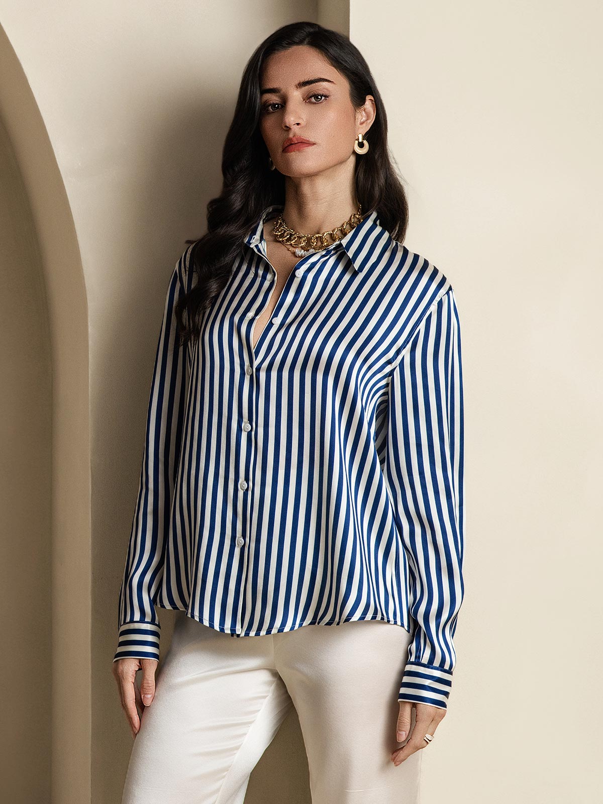 [Navy Stripe] SilkSilky-CA Silk Long Sleeve Lapel Collar Women's Shirt 004