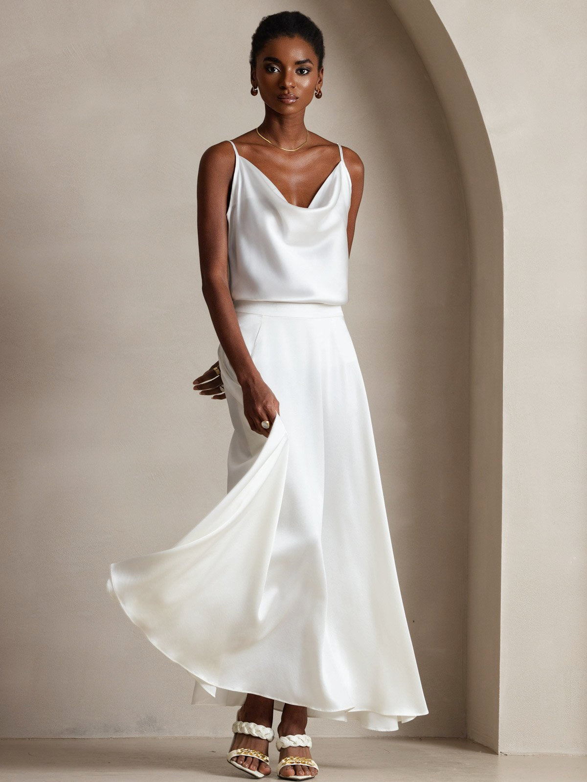 [White] SilkSilky-CA 19Momme Silk Cowl Neck Camisole 007