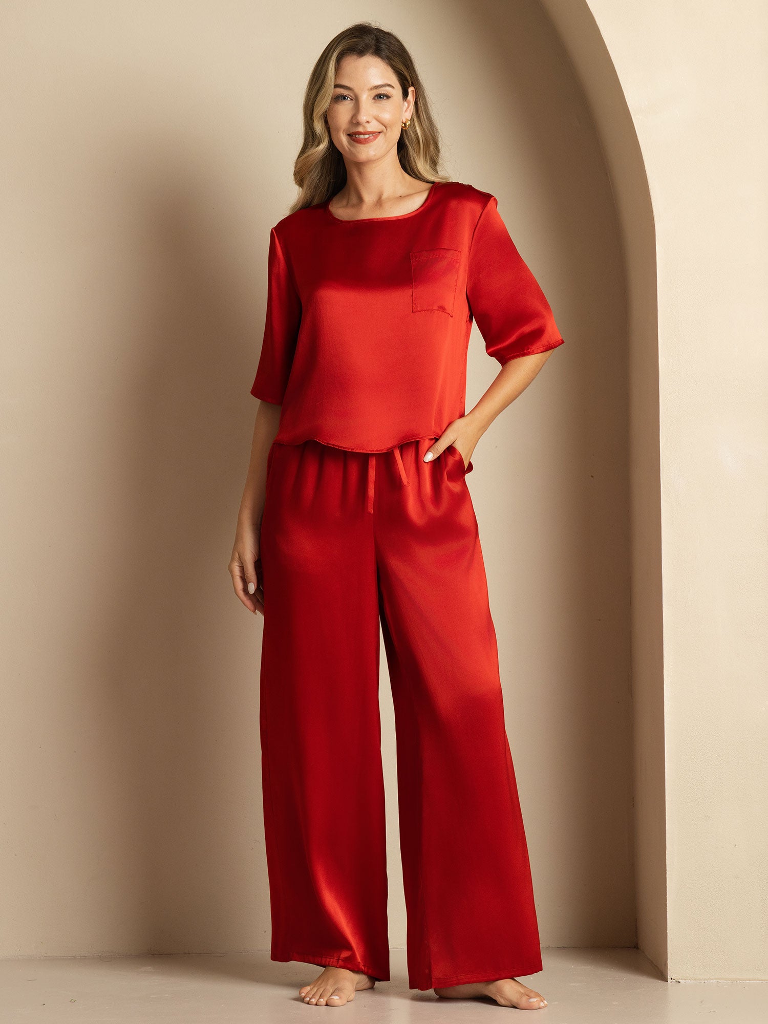 [Wine] SilkSilky-CA Pure Silk Round Neck Women's Pajamas 003