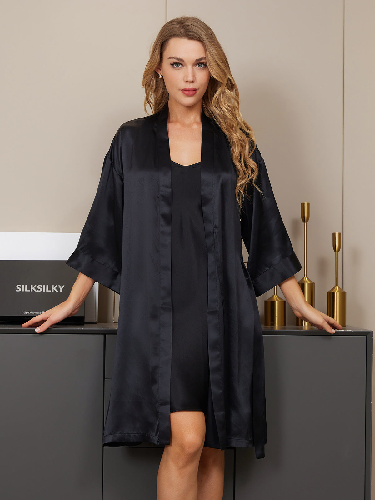 [Black] SilkSilky-CA Pure Silk V Neck Nightgown&Robe Set 005