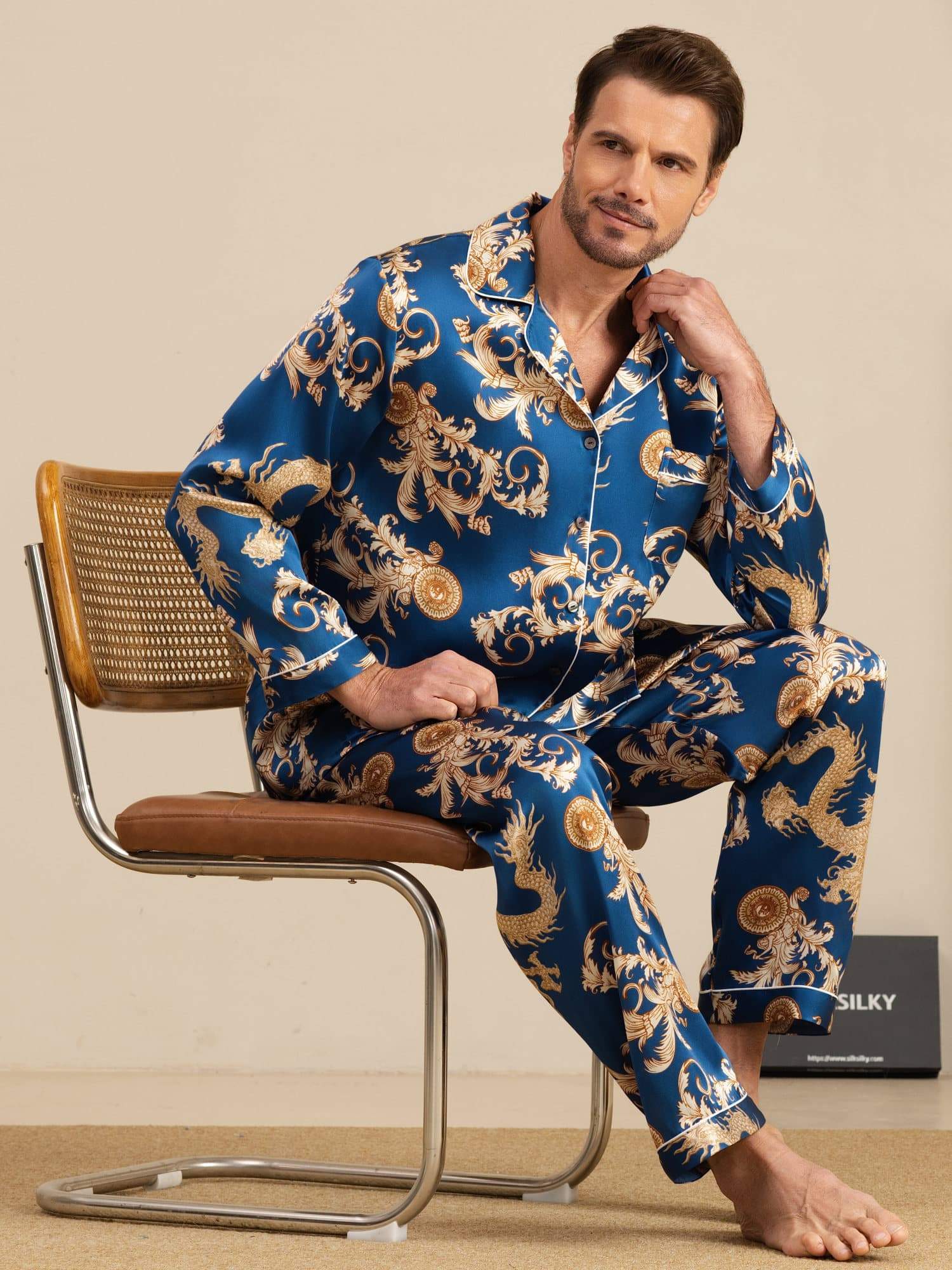 [Navy Dragon] SilkSilky-CA Long Sleeve Notch Collar Men's Pajamas 001