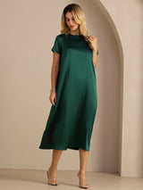 [Dark Green] SilkSilky-CA Short Sleeve Round Neck Dress 004