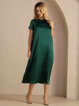 [Dark Green] SilkSilky-CA Short Sleeve Crew Neck Dress 004