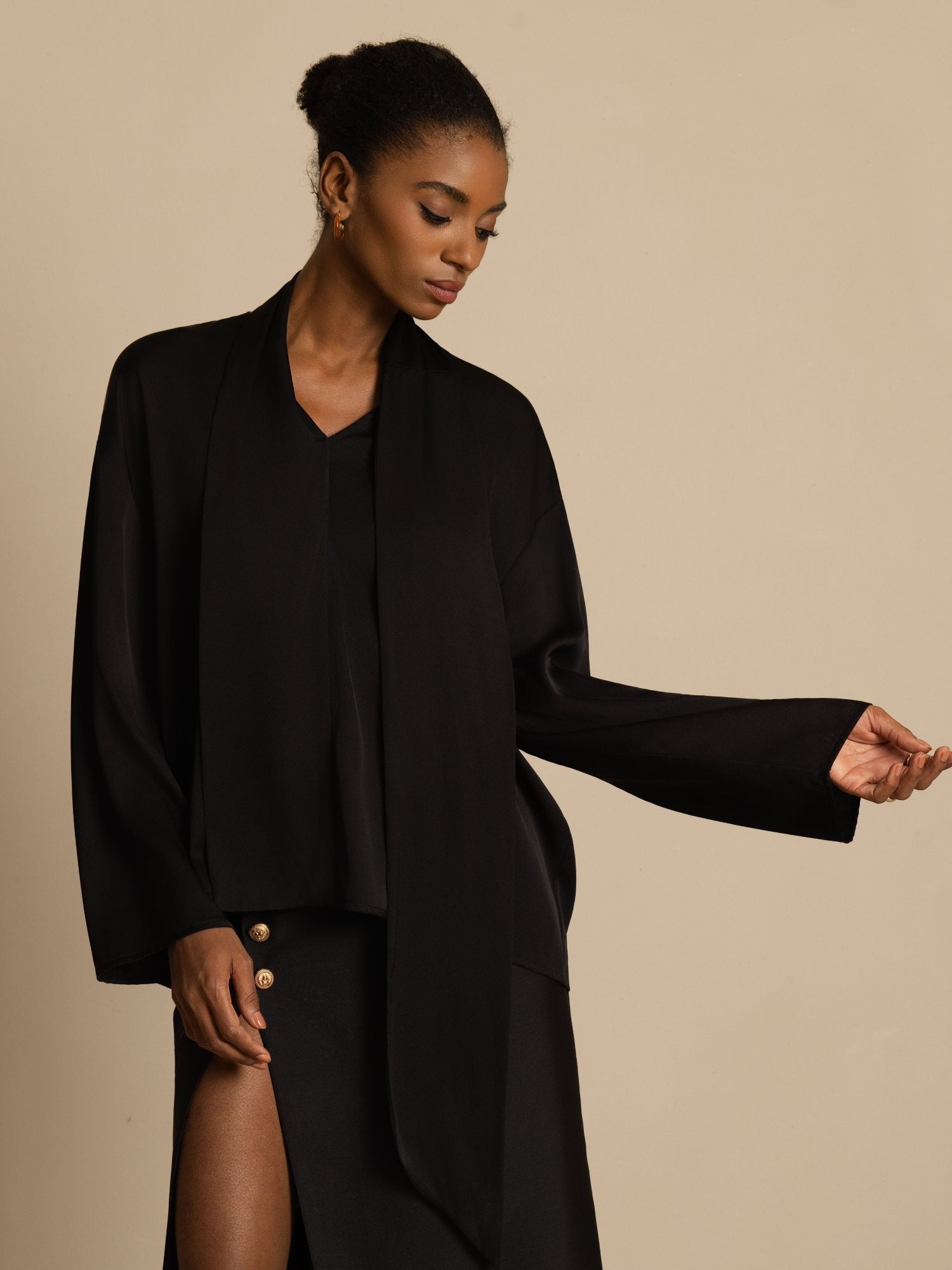 [Black] SilkSilky-CA 19Momme Stretch Silk Double Georgette Long Sleeve V Neck Blouse 003