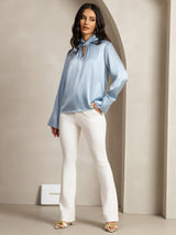 [Grayish Blue] SilkSilky-CA 19Momme Silk Keyhole Neck Women's Shirt 012