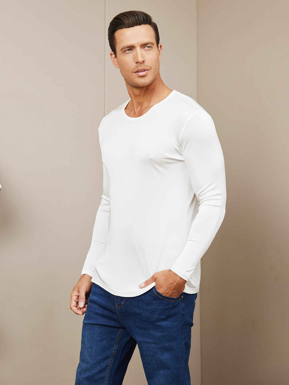 SilkSilky CA Silk Knitted Long Sleeve Round Neck Men's T Shirt White 001