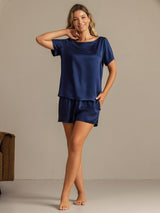 [Dark Blue] SilkSilky-CA 19Momme Machine-Washable Silk Short Sleeve Round Neck Women's Pajamas 006