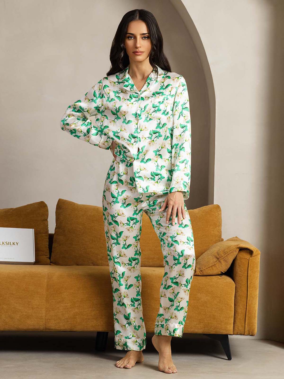 [Green Floral] SilkSilky-CA Pure Silk Womens Pajamas 003