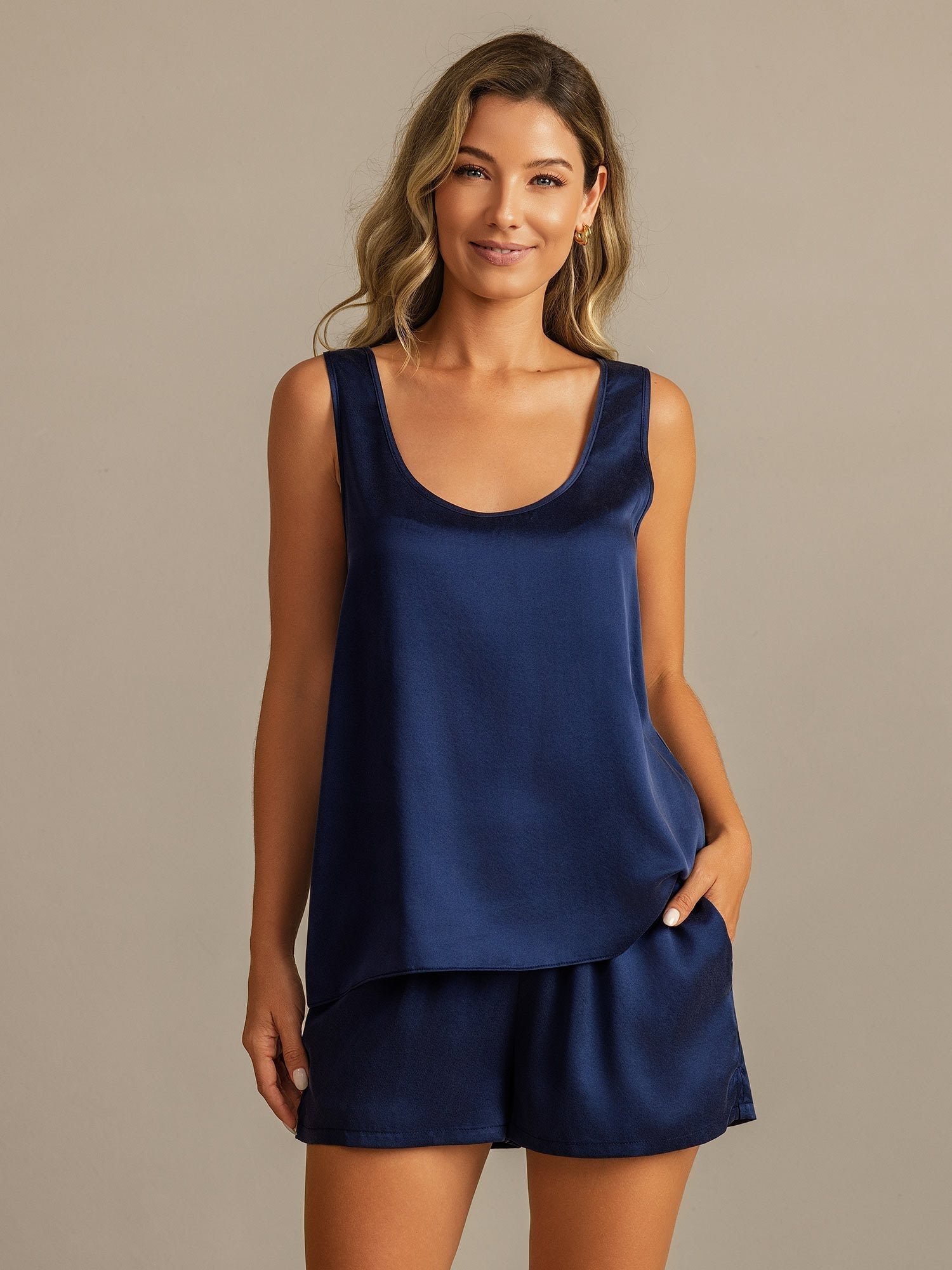 [DarkBlue] SilkSilky-CA 19Momme Washable Silk U Neck Women's Pajamas 001