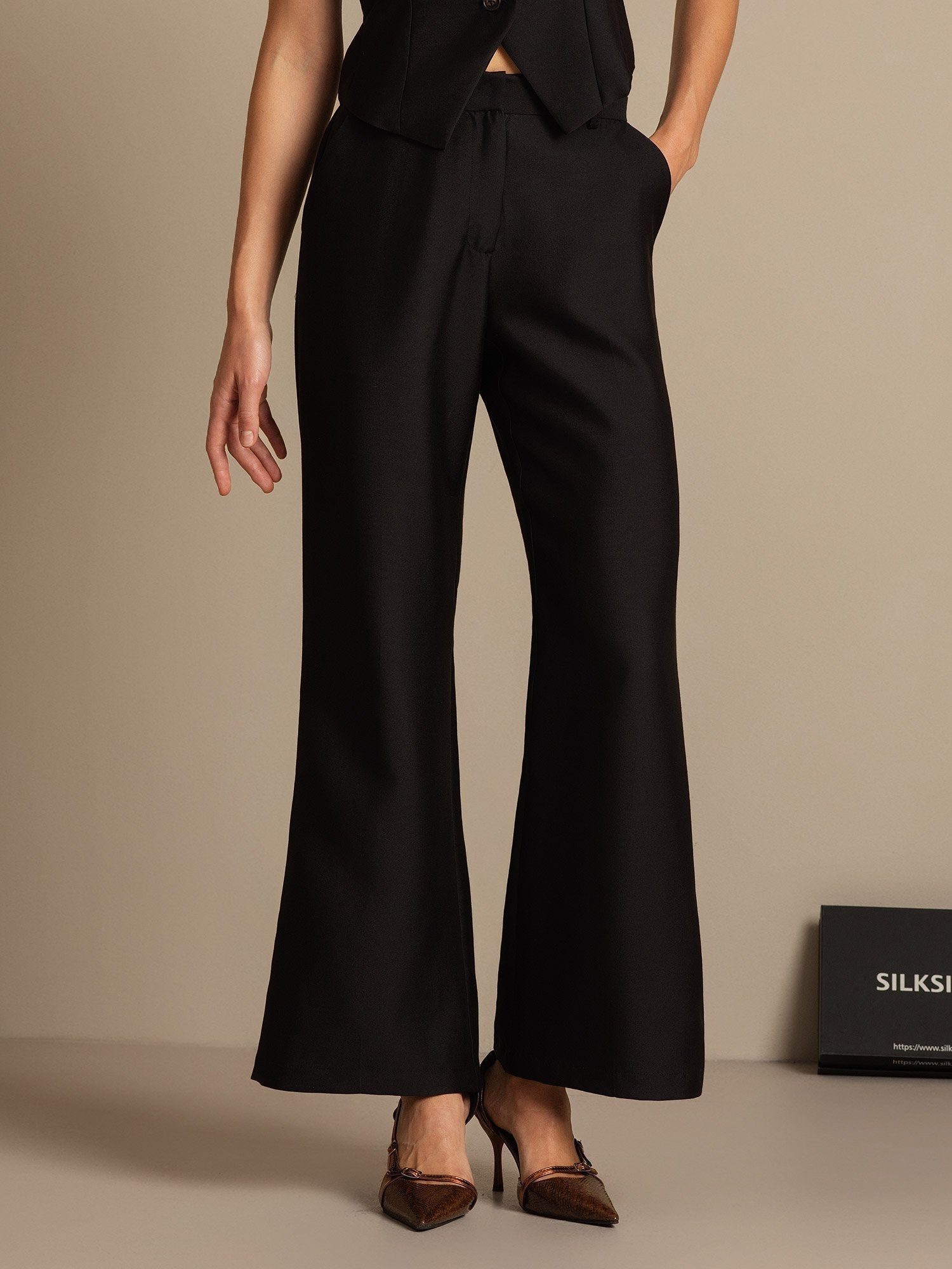 [Black] SilkSilky-CA 32Momme Silk-Wool Blend Womens Pants 001,