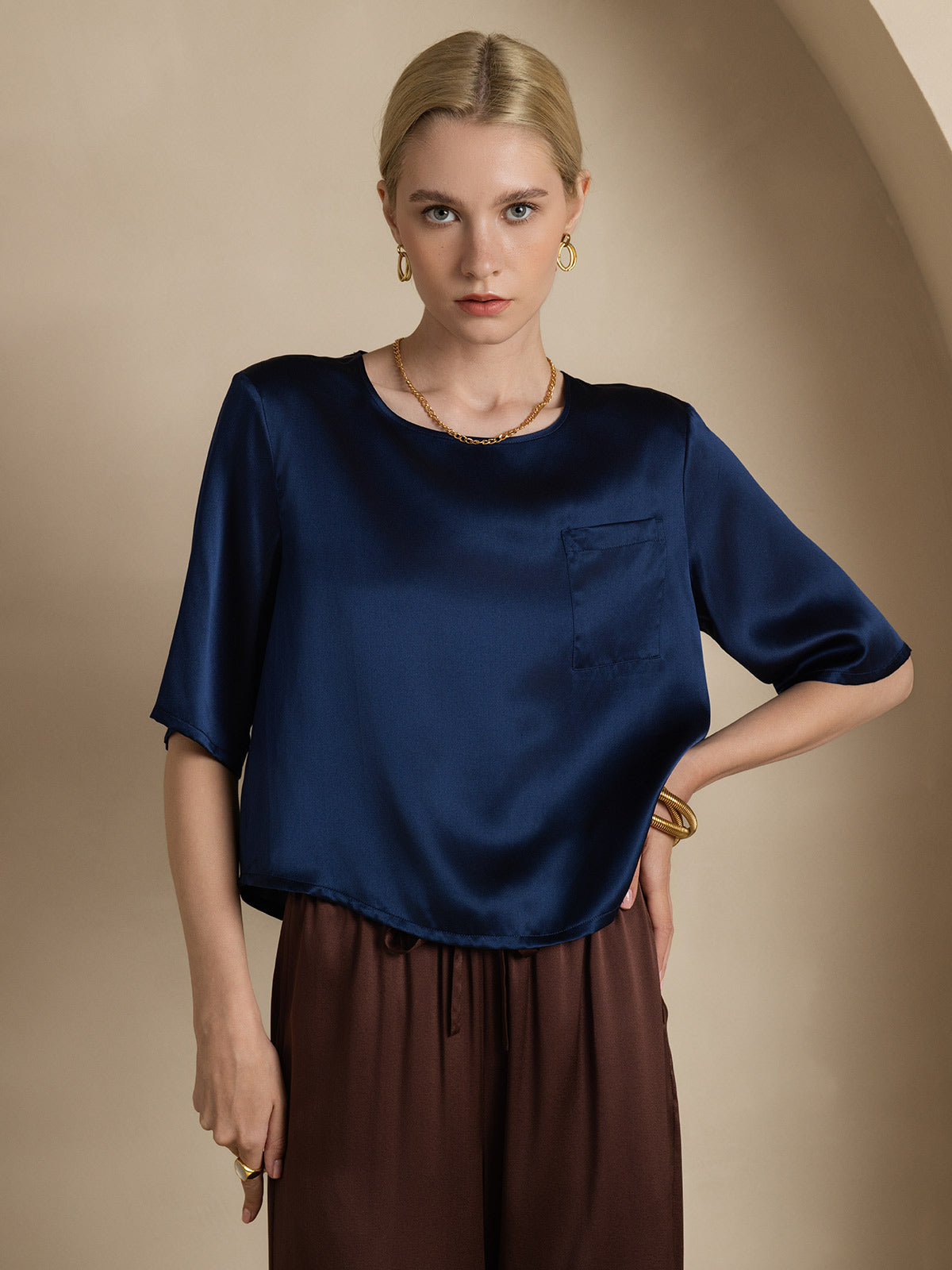 [Dark Blue] SilkSilky-CA Pure Silk Boat Neck Women's T-Shirt 003