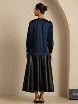 [Dark Blue] SilkSilky-CA 19Momme Long Sleeve Round Neck Blouse 002
