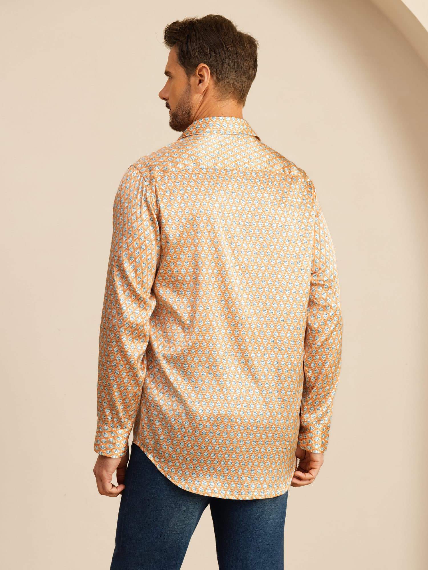 [Yellow Heart Geo] SilkSilky-CA 19Momme Stretch Silk Charmeuse Long Sleeve Lapel Collar Men's Shirt 002