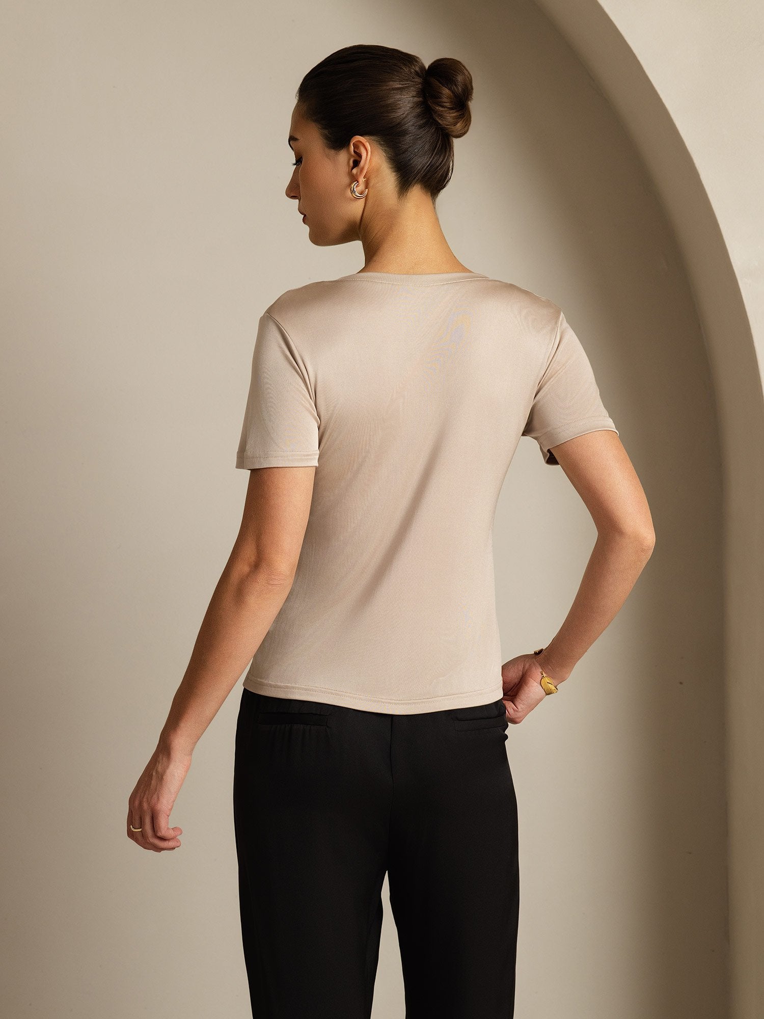[LightKhaki] SilkSilky-CA Pure Silk V Neck Women's T-Shirt 002