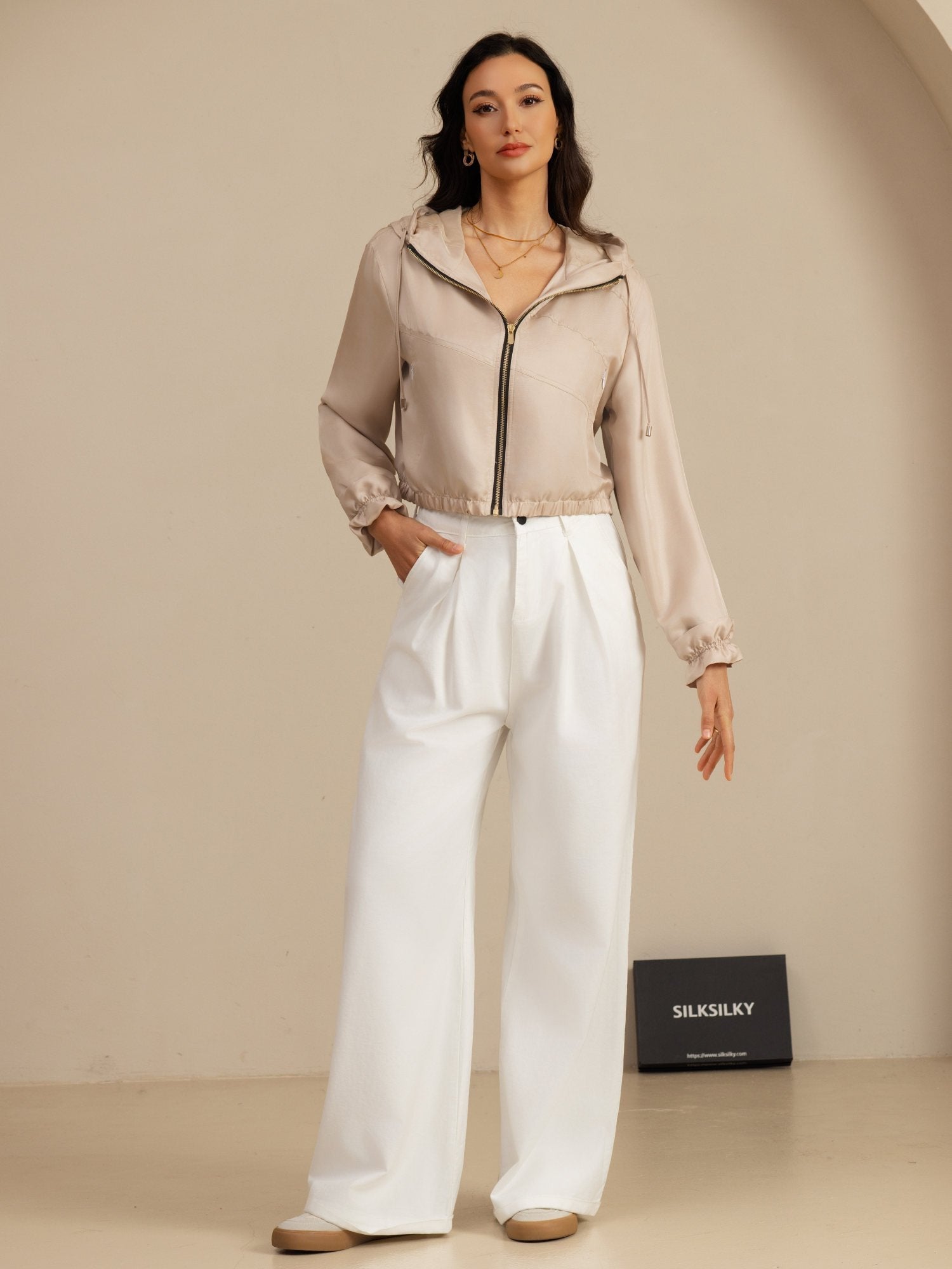 [Tan] SilkSilky-CA 18Momme Silk Satin Surah Long Sleeve High Neck Women's Outerwear 008