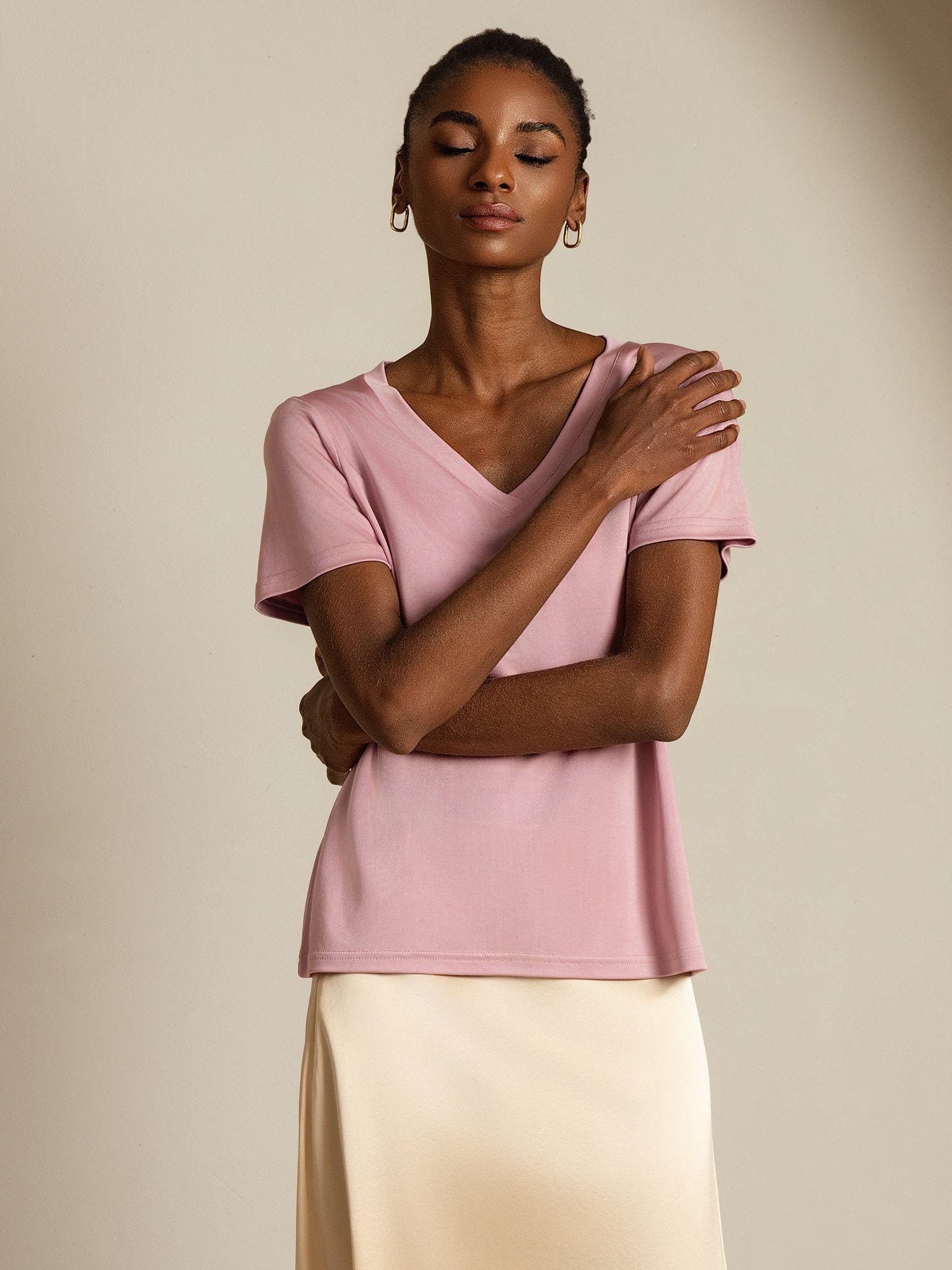 [PaleMauve] SilkSilky-CA Pure Silk V Neck Women's T-Shirt 008