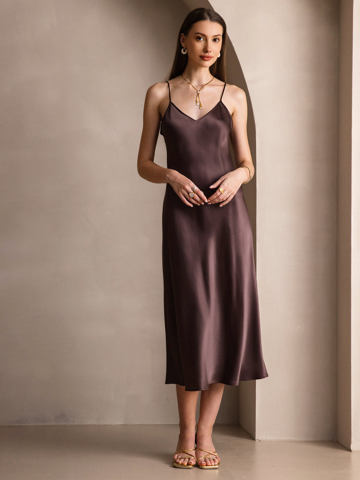 SilkSilky-CA Pure Silk Sleeveless Round Neck Dress Coffee 005