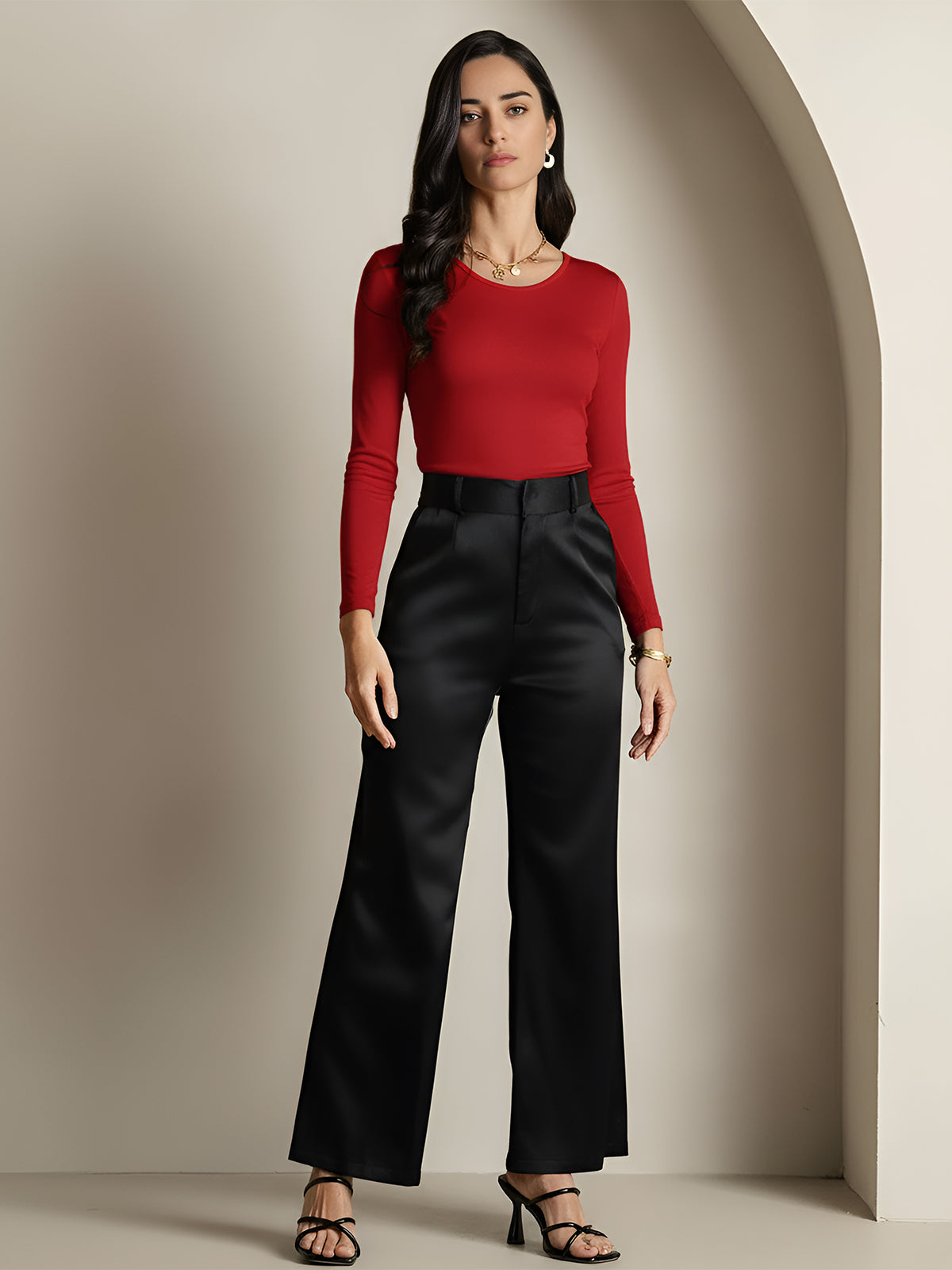 [Wine] SilkSilky-CA Silk Round Neck Women's T-Shirt 007