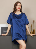 SilkSilky CA Pure Silk Short Sleeve Round Neck Women's Pajamas DarkBlue 001