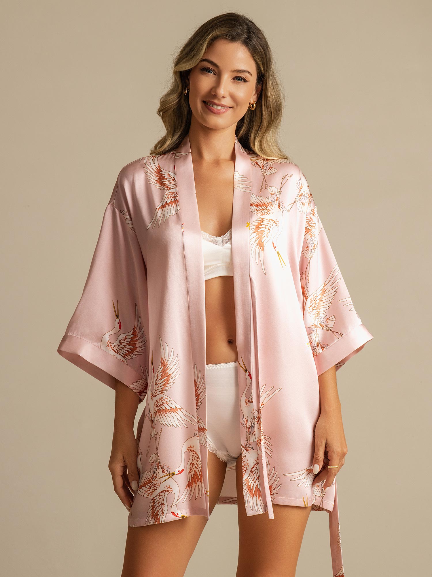 [Pink] SilkSilky-CA Pure Silk Deep V Neck Women's Robe 001