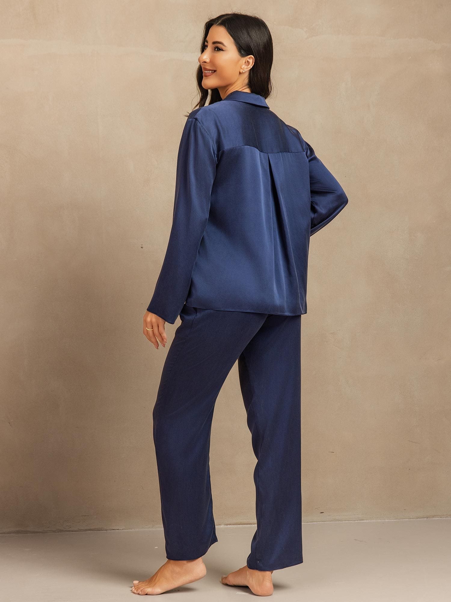 [Dark Blue] SilkSilky-CA 19Momme Machine-Washable Silk Long Sleeve Notch Collar Women's Pajamas 002