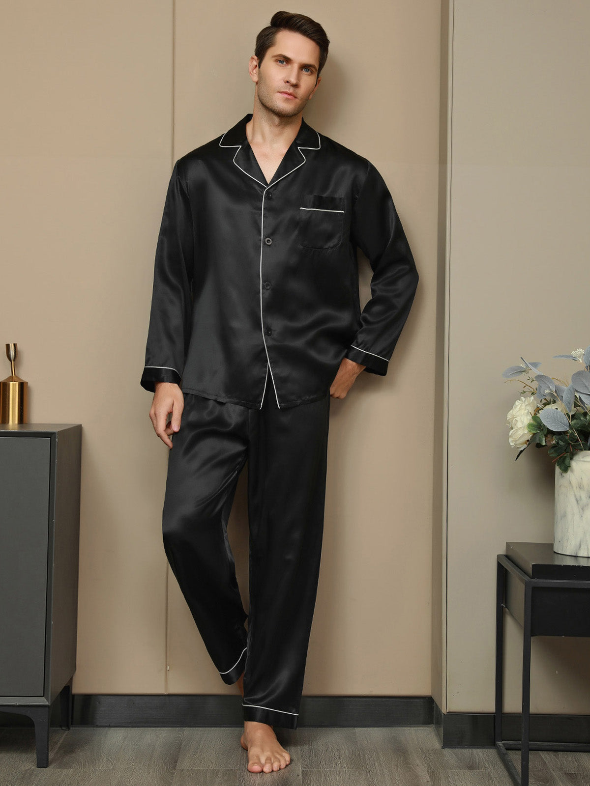 SilkSilky CA 19Momme Pure Silk Long Sleeve Lapel Men's Pajamas Black 004