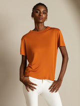[Orange] SilkSilky-CA 100% Silk Jersey Short Sleeve Mock Neck Women's T-Shirt 005