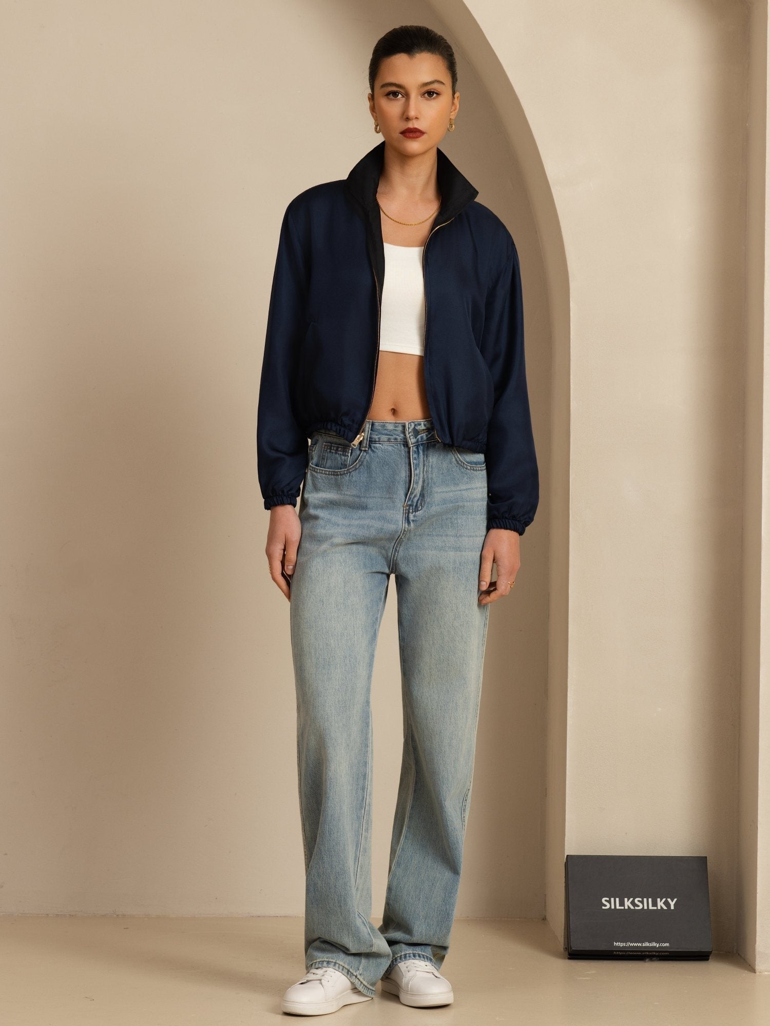 [Black+DarkBlue] SilkSilky-CA 18Momme Silk Satin Surah Long Sleeve Stand Collar Women's Outerwear 007