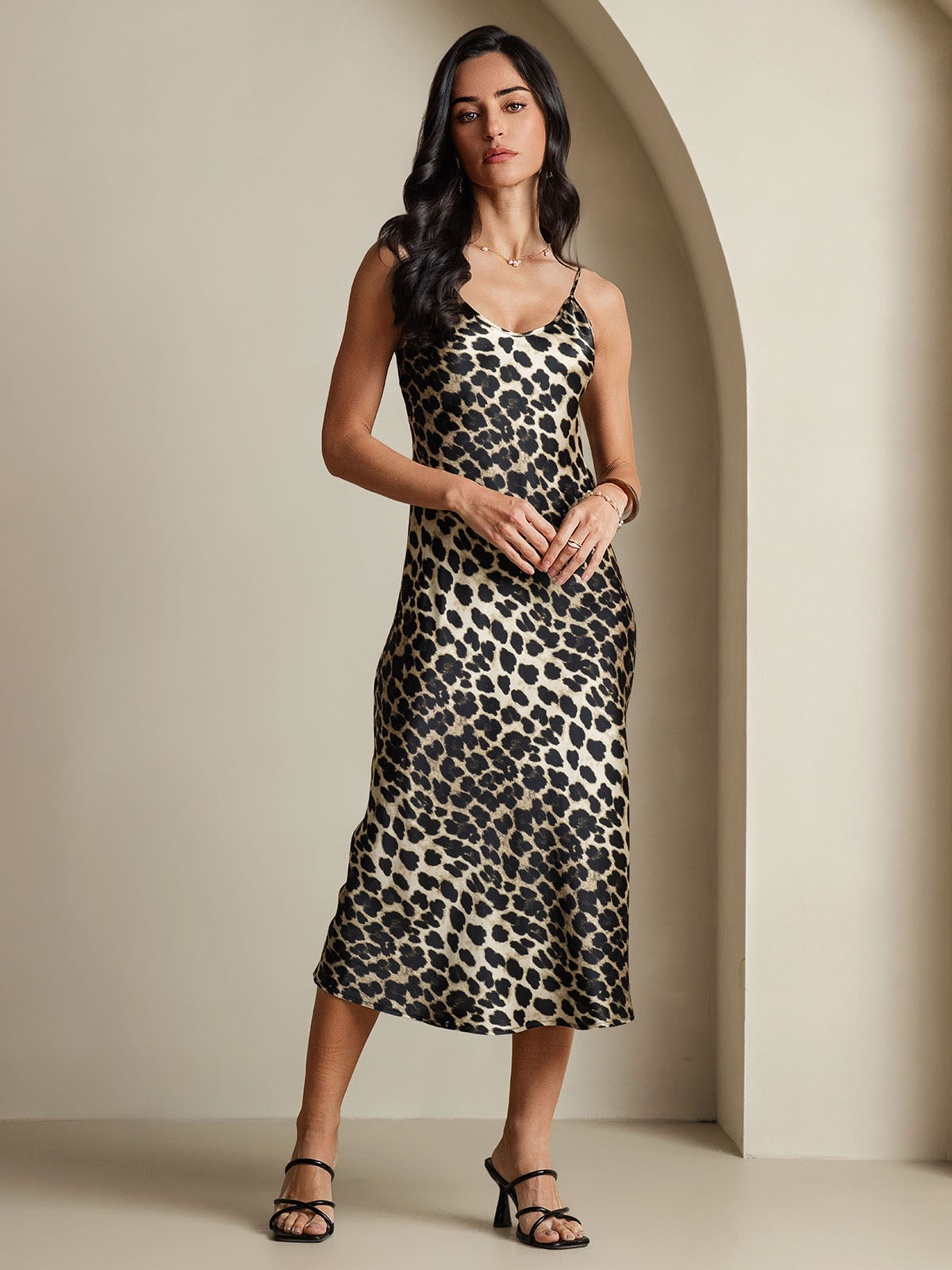 SilkSilky-CA Pure Silk Sleeveless Round Neck Dress Leopard 003