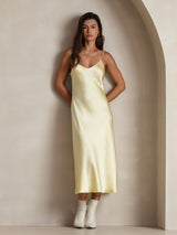 [Light Yellow] SilkSilky-CA Spaghetti Strap V Neck Dress 001