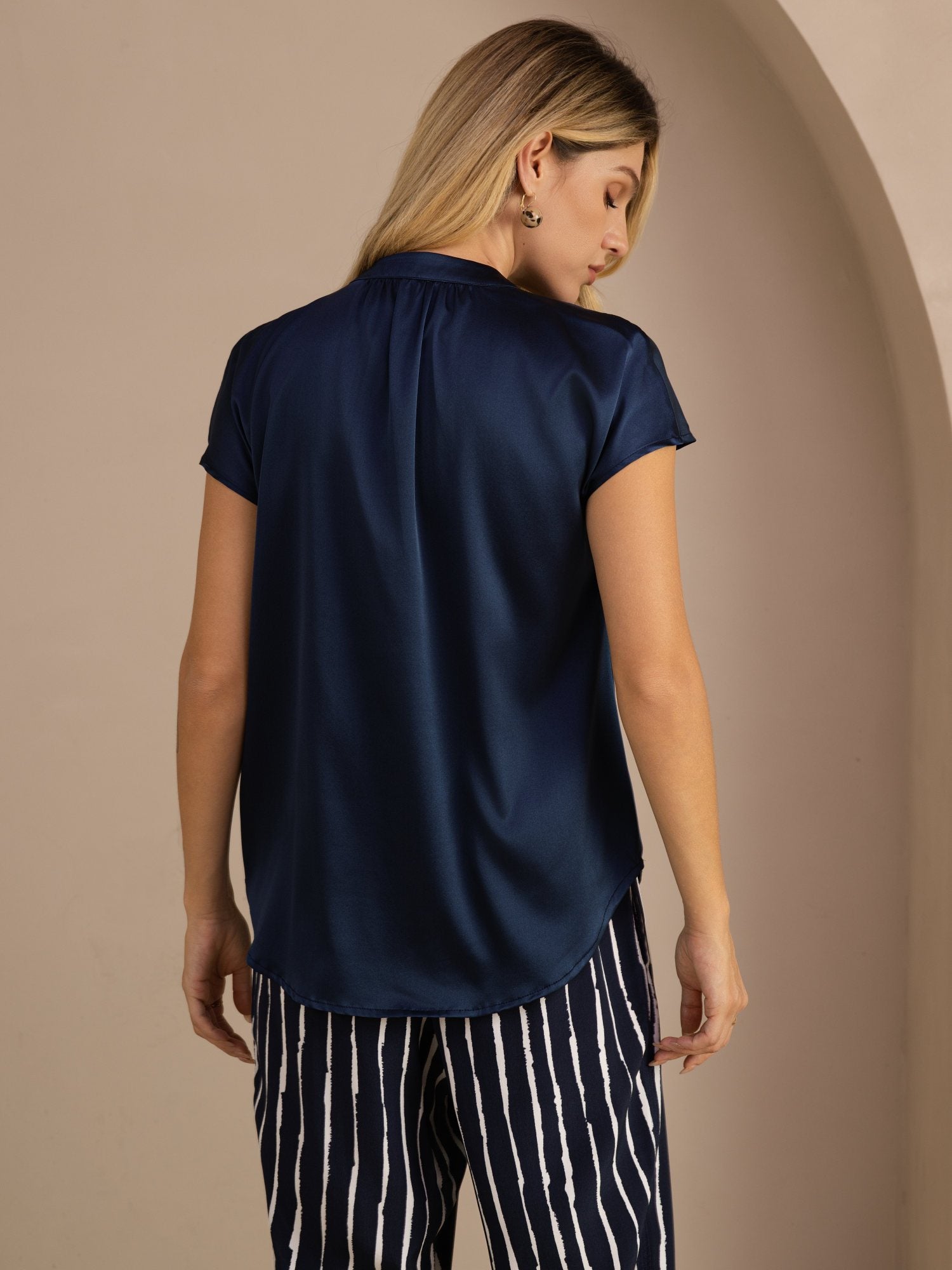 [Dark Blue] SilkSilky-CA Short Sleeve Split Women's Blouse 002
