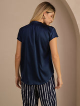 [Dark Blue] SilkSilky-CA Short Sleeve Split Women's Blouse 002
