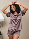 SilkSilky CA Pure Silk Short Sleeve Lapel Women's Pajamas Coffee 001