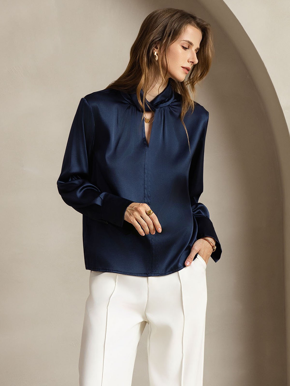 [DarkBlue] SilkSilky-CA 19Momme Silk Keyhole Neck Women's Shirt 006