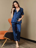 SilkSilky CA Pure Silk Short Sleeve Lapel Women's Pajamas DarkBlue 005