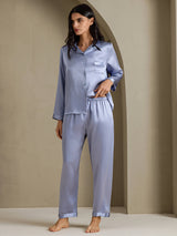 [Steel Blue] SilkSilky-CA Long Sleeve Lapel Collar Women's Pajamas 008