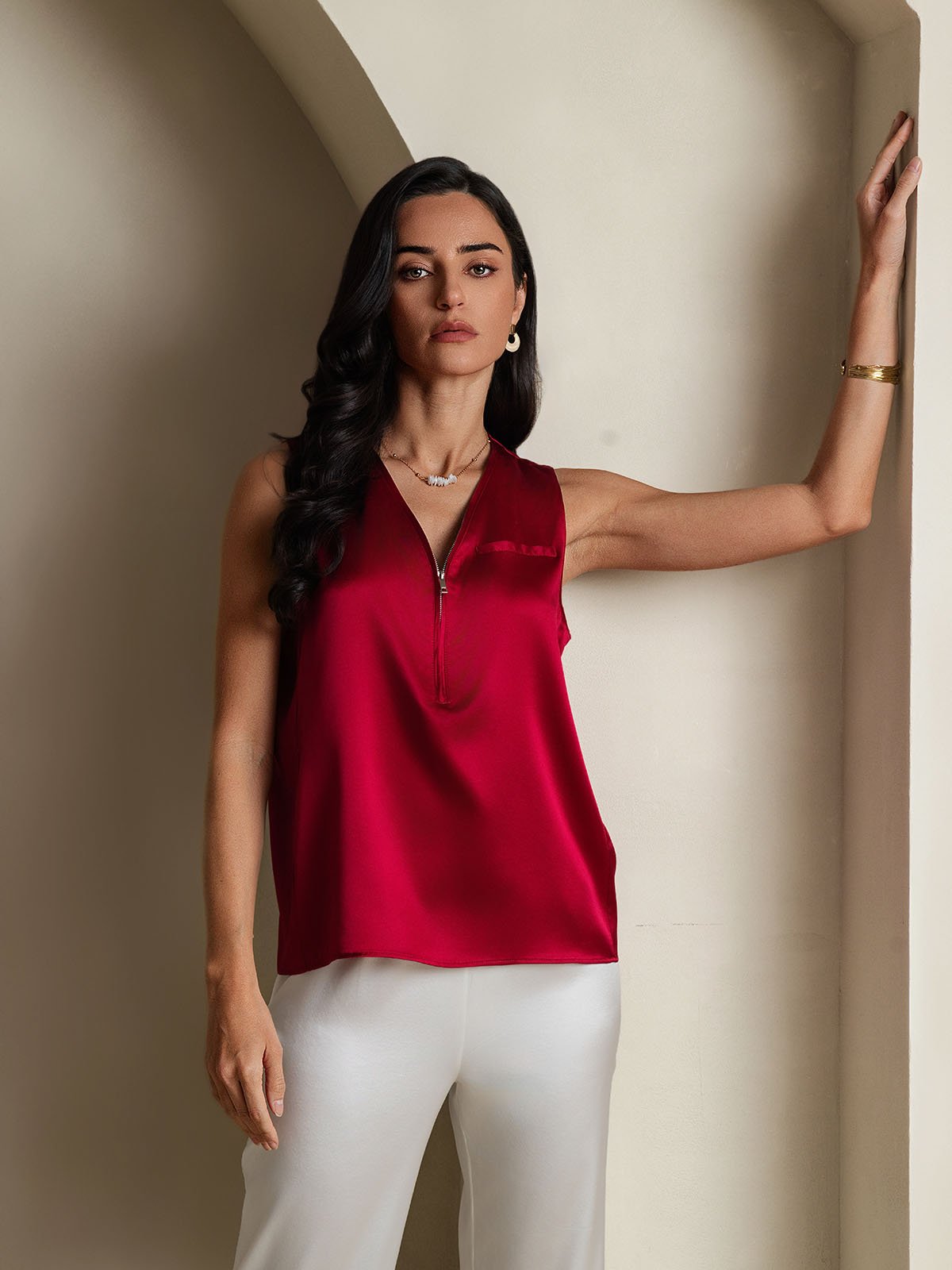 SilkSilky-CA 19Momme Silk Sleeveless V Neck Women's Shirt Wine 006