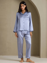 [Steel Blue] SilkSilky-CA Long Sleeve Lapel Collar Women's Pajamas 006