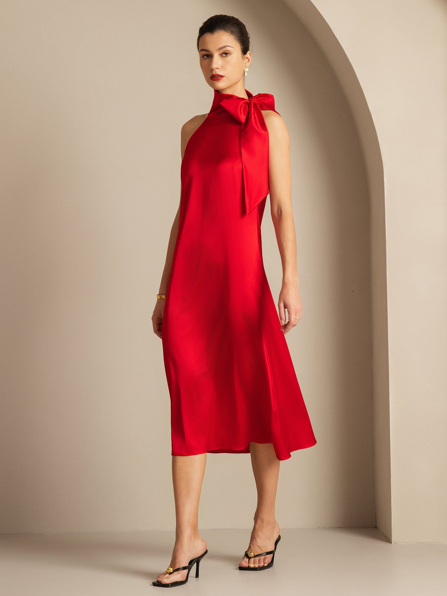 [Red] SilkSilky-CA 19Momme Silk Tie Neck Dress 007,