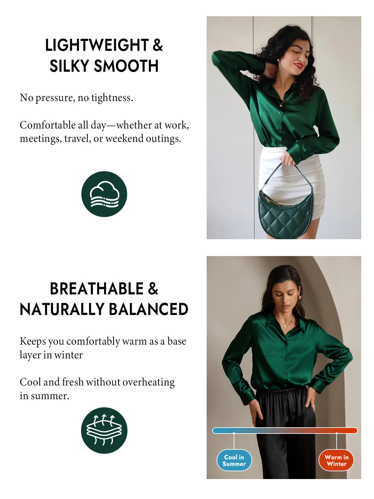 [Dark Green] SilkSilky-CA Silk Long Sleeve Lapel Collar Women's Shirt 004