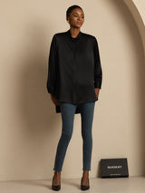 [Black] SilkSilky-CA 19Momme Stretch Silk Charmeuse Long Sleeve Stand Collar Blouse 006