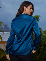 [Teal] SilkSilky-CA Long Sleeve Lapel Collar Women's Shirt 002