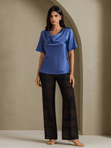 [Real Teal] SilkSilky-CA Short Sleeve Cowl Neck Women's Blouse 006