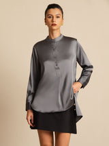 [Dark Gray] SilkSilky-CA 19Momme Stretch Silk Charmeuse Long Sleeve Stand Collar Blouse 001