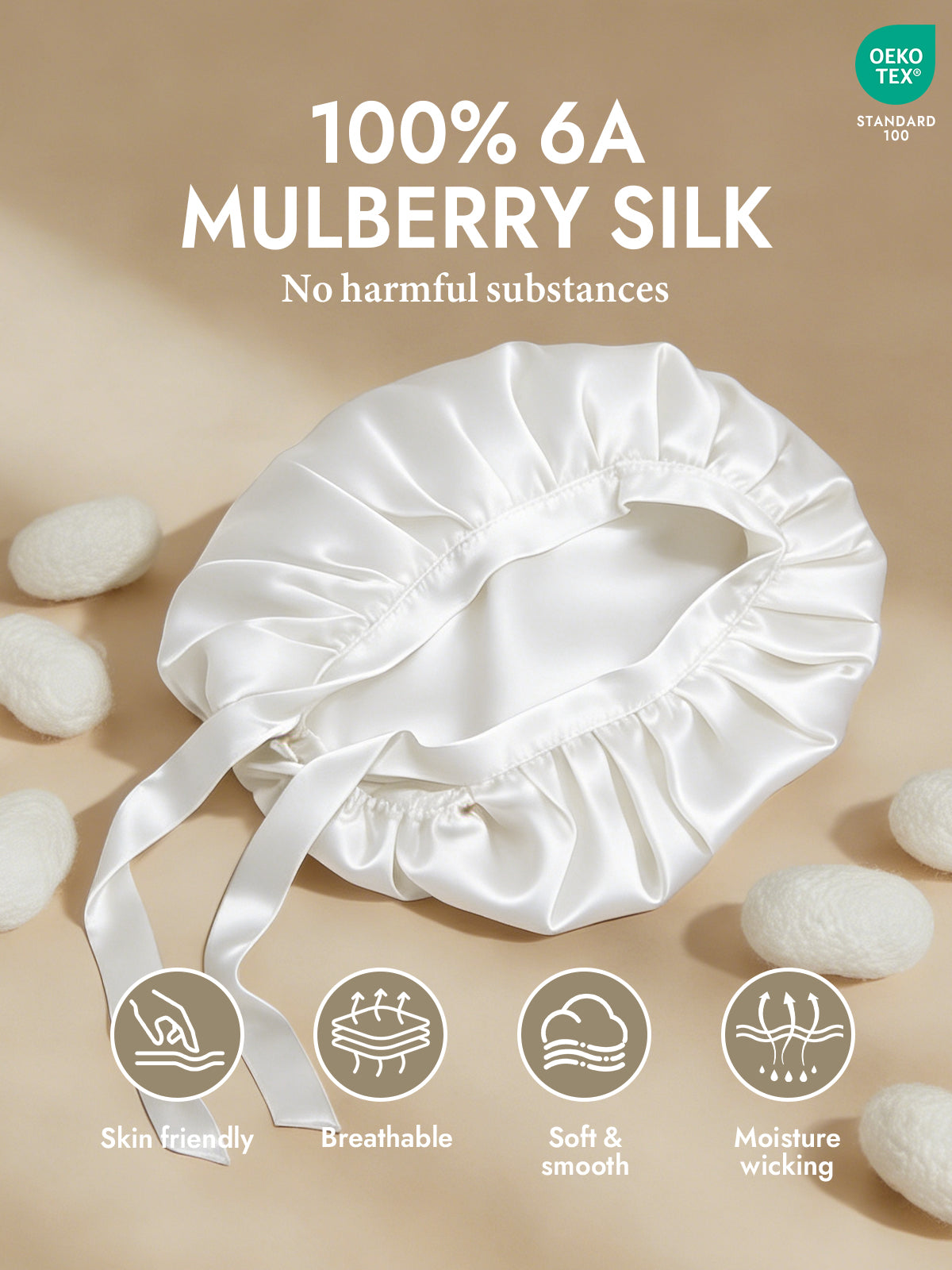 [White] SilkSilky-CA Pure Silk Sleep Cap 002
