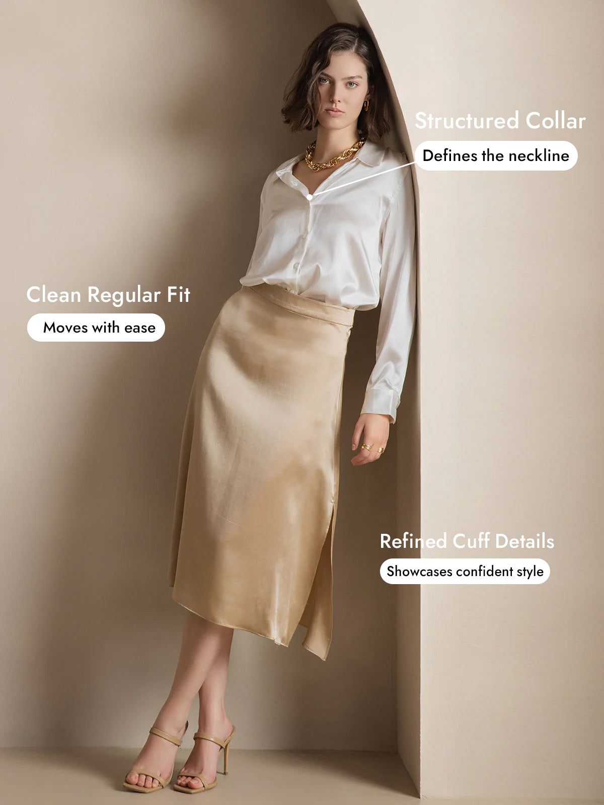 [White] SilkSilky-CA Silk Long Sleeve Lapel Collar Women's Shirt 005