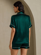 [Dark Green] SilkSilky-CA Short Sleeve Lapel Collar Women's Pajamas 002