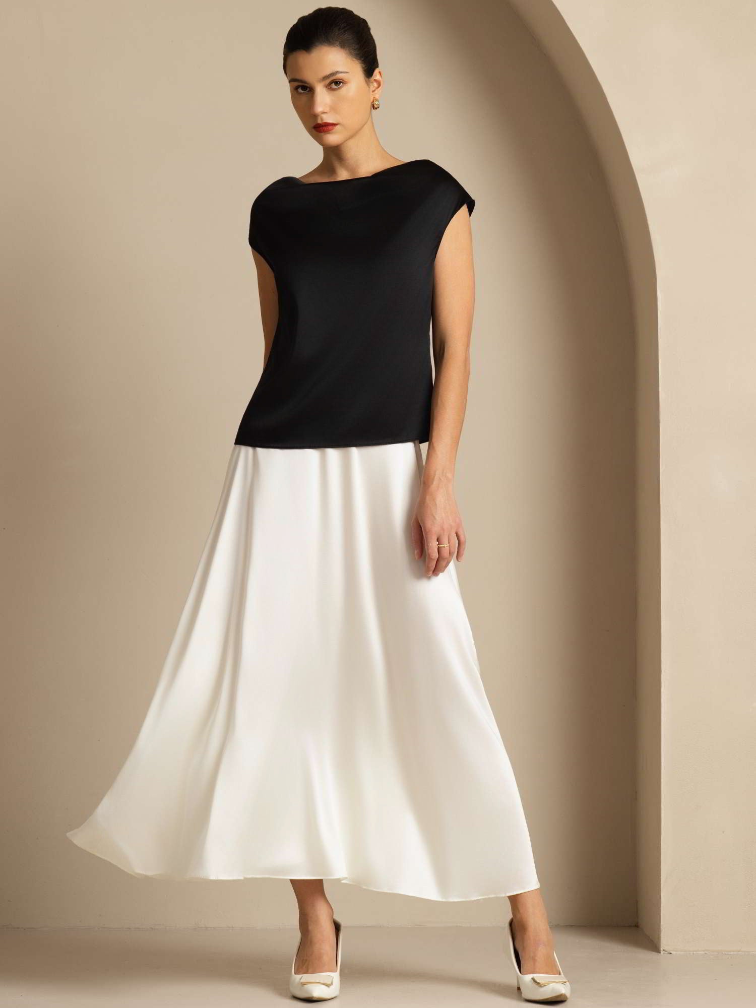 [Black] SilkSilky-CA 19Momme Silk Cap Sleeve Cowl Neck Women's T-Shirt 006