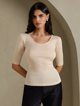 [Beige] SilkSilky-CA Half Sleeve Women's T-Shirt 001