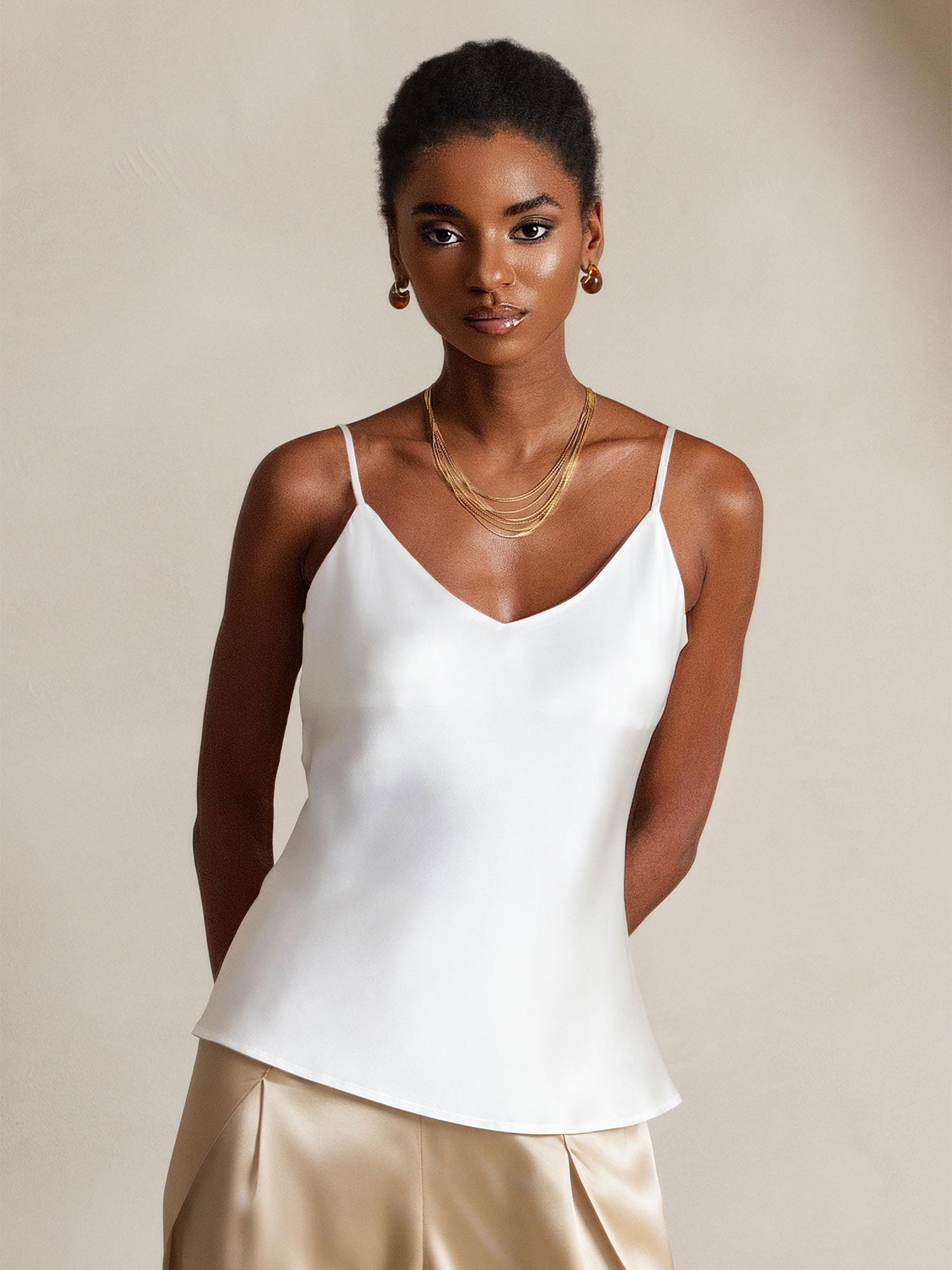 [White] SilkSilky-CA Spaghetti Strap V Neck Camisole 001